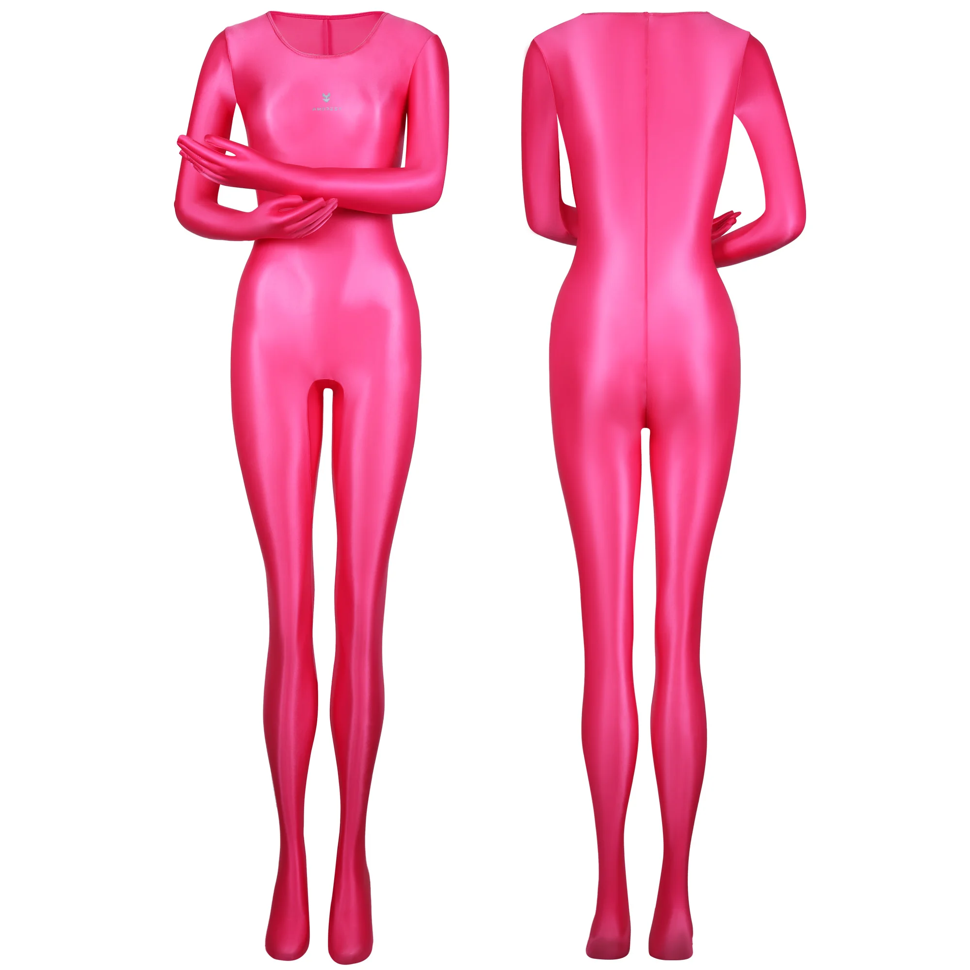 AMORESY dünner, glänzender, ölig glatter, farbenfroher Ganzkörper-Jumpsuit, einfarbig, Rundhalsausschnitt mit Handschuhen, lange Ärmel, Strumpfhose – Detail 14