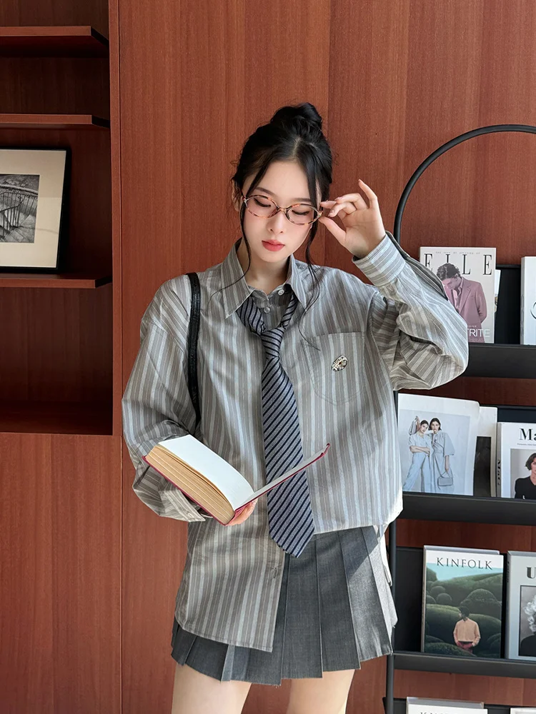 

Brand Striped Long Sve irt 5JUNWEI LIN Straight Cut Cotton Blend Spring Collection Faionable Ladies' irt