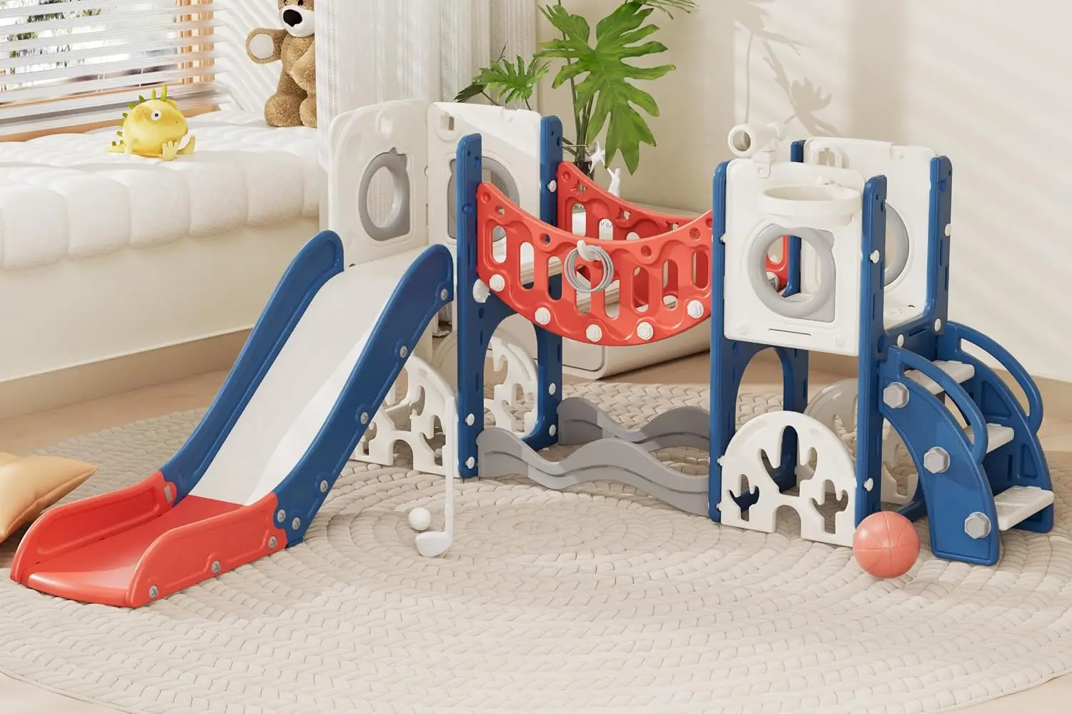 Toddler Indoor Playground for Home Outdoor Use, Kids Plastic Play Set with Slide and Climber (Red, Without Swing)