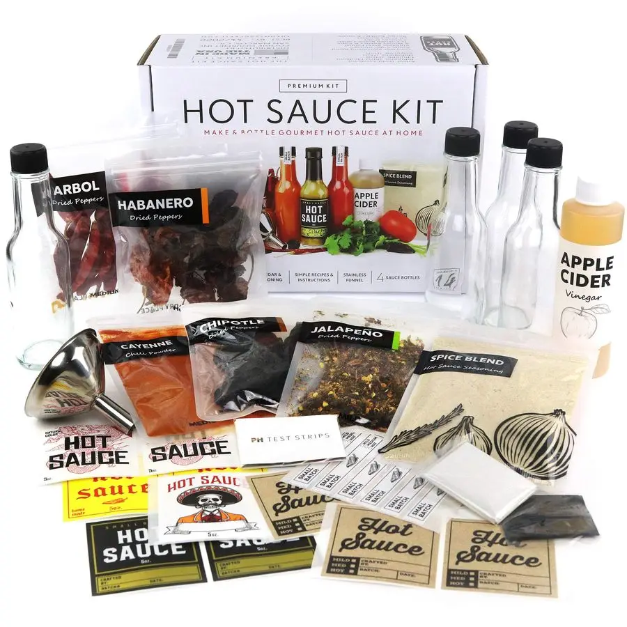 Kit para hacer salsa picante, 5 variedades de pimientos, jalapeño Habanero, mezcla de especias Gourmet, 4 botellas, etiquetas divertidas, haz tu propio caliente
