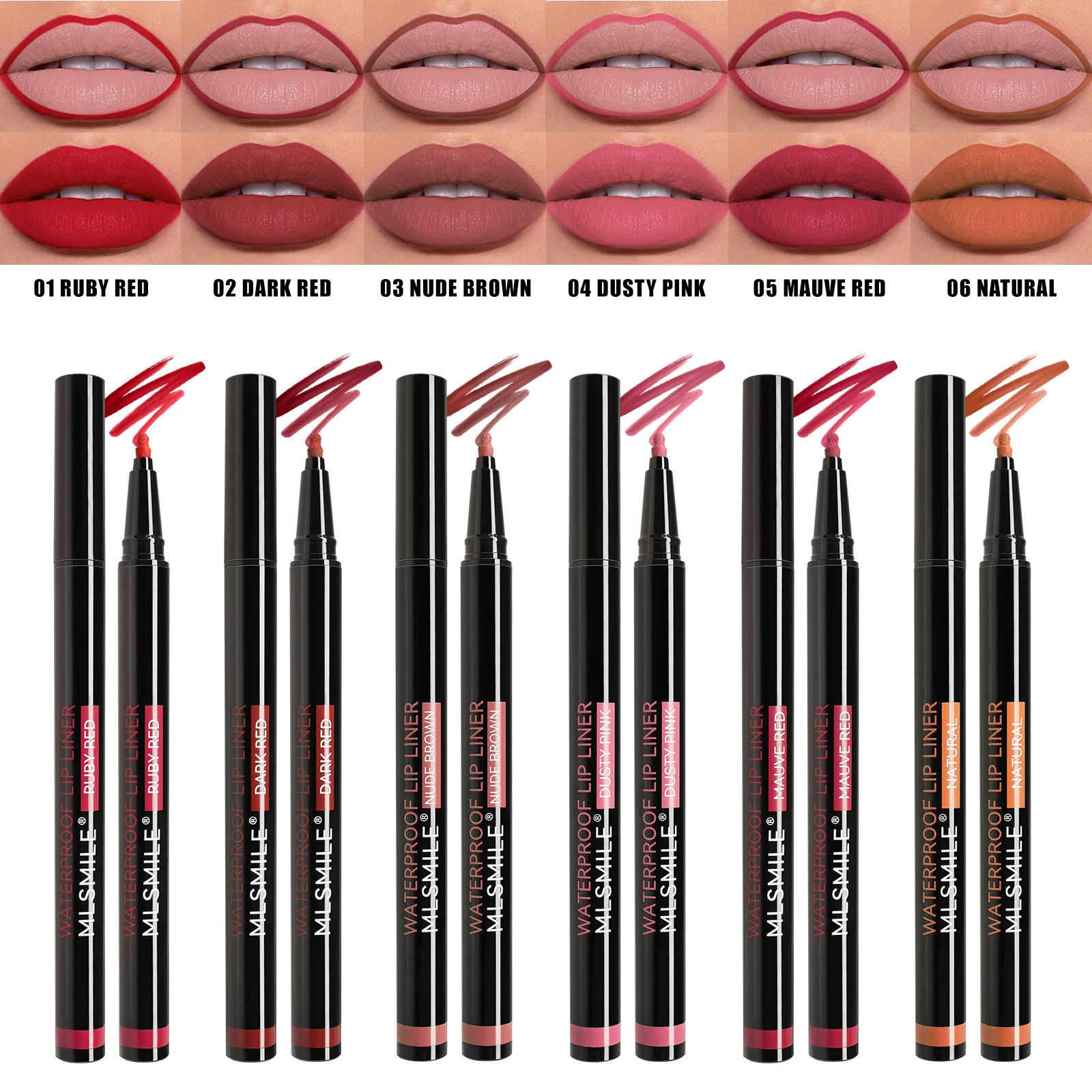MLSMILE 2025 Nuevo delineador de labios y lápiz labial de 6 colores: resistente al agua, fácil de colorear, lápiz labial antiadherente con un diseño único de punta de bolígrafo