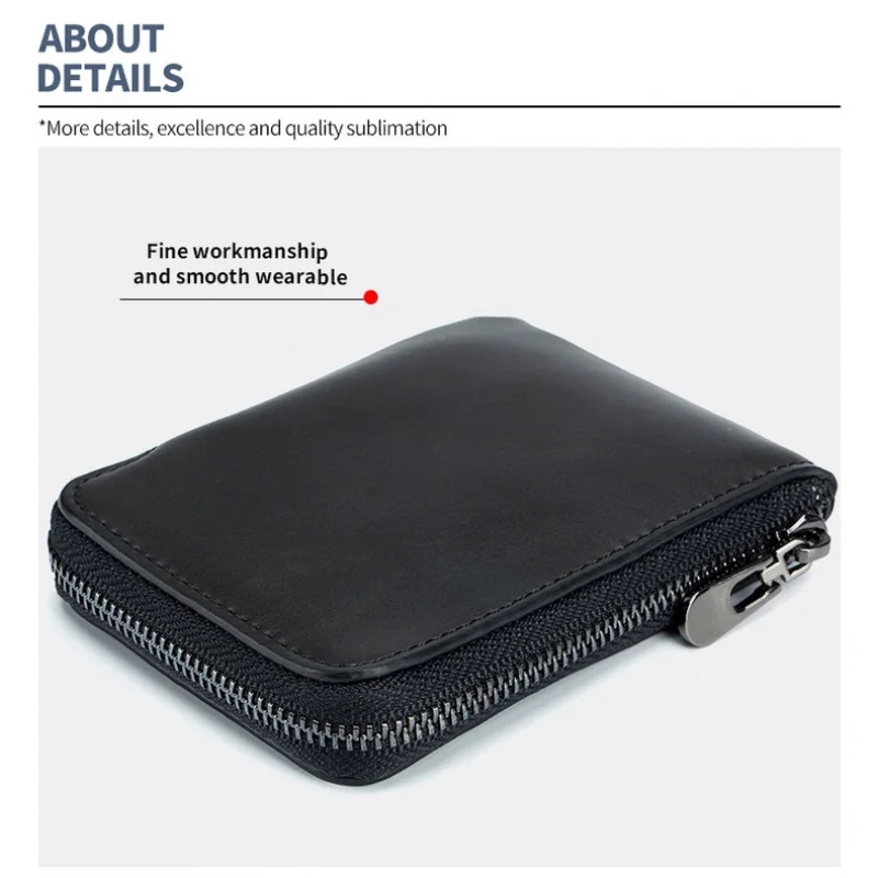 GENODERN New Simple Card Case Leather Short Retro Zipper Small Wallet Cowhide Ltra-Thin Coin Purse Small Coin Bag