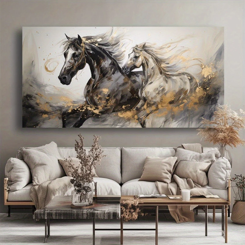 Large-sized frameless canvas paintings,Modern Black and White Galloping Horse Poster and Prints animal art canvas Painting Wall