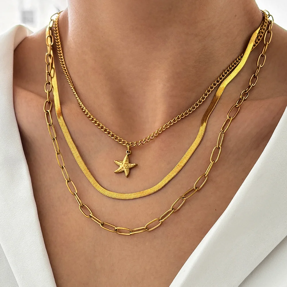 

Boho style pentagram rectangle chain multi necklace set, waterproof and non-fading, women's jewelry, wedding party gifts