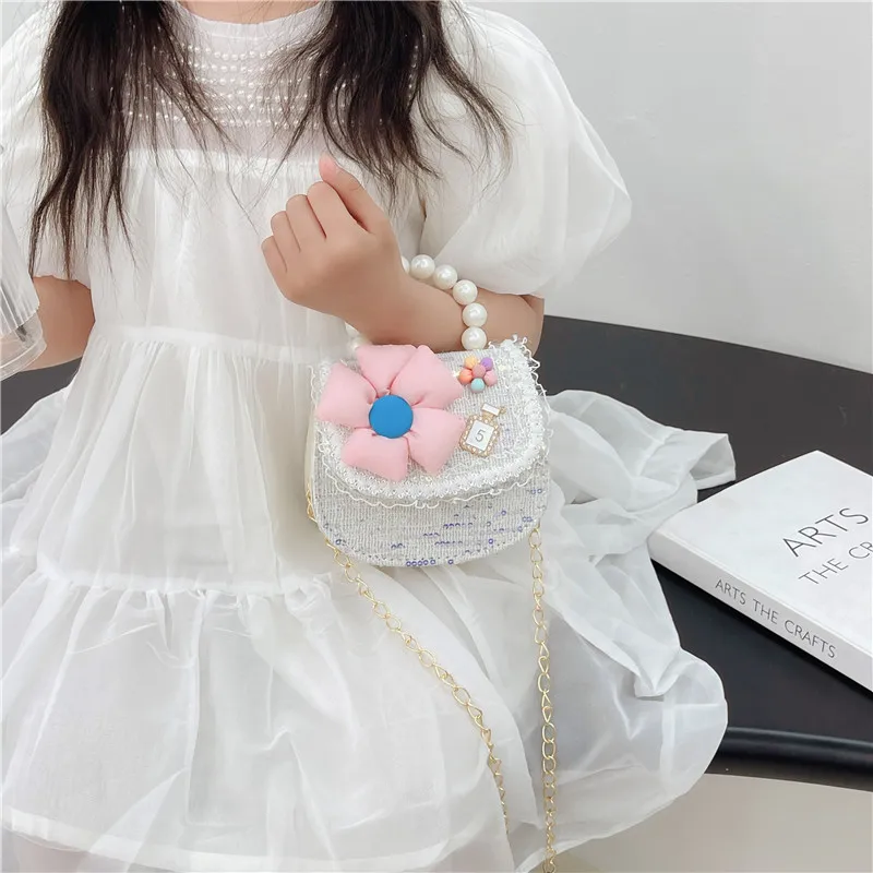 Cute Flower Children's Small Shoulder Bag Pearl Handle Baby Girls Crossbody Bags Sweet Bow Princess Chain Handbags Accessories