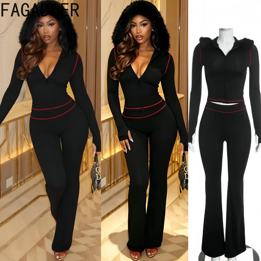 FAGADOER Women Fur Trim Hooded 2 Piece Set Zip Up Long Sleeve Crop Top Flare Pants Casual Y2K Streetwear Matching Outfit