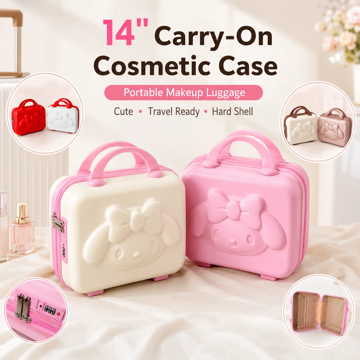 Sanrio 14 Zoll My Melody Hartschalen-Kosmetikkoffer, tragbarer, passwortgeschützter Reisekoffer, Handkoffer für Schmuck und Make-up.