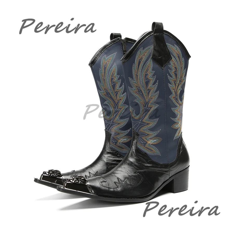 British Style Trend Genuine Leather Embroidered Chelsea Boots for Men Iron Pointy Toe Slip-On Knee High Boots Fashion Male Shoes
