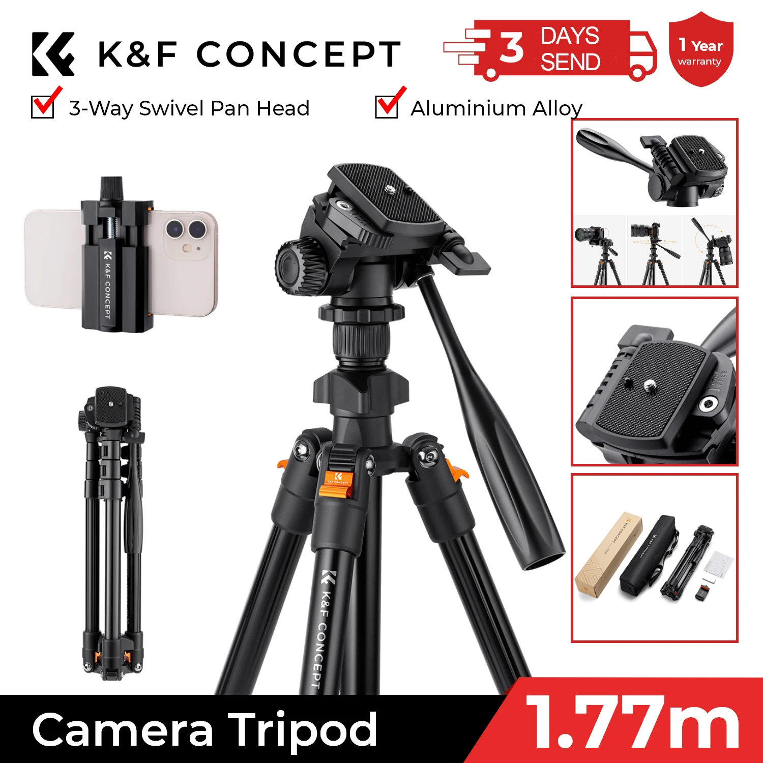 K & F Concept Video Tripé, Leve, Alumínio, Tripés para Fotografia, Transmissão ao Vivo, Câmera DSLR, Suporte para Telefone, 64 \