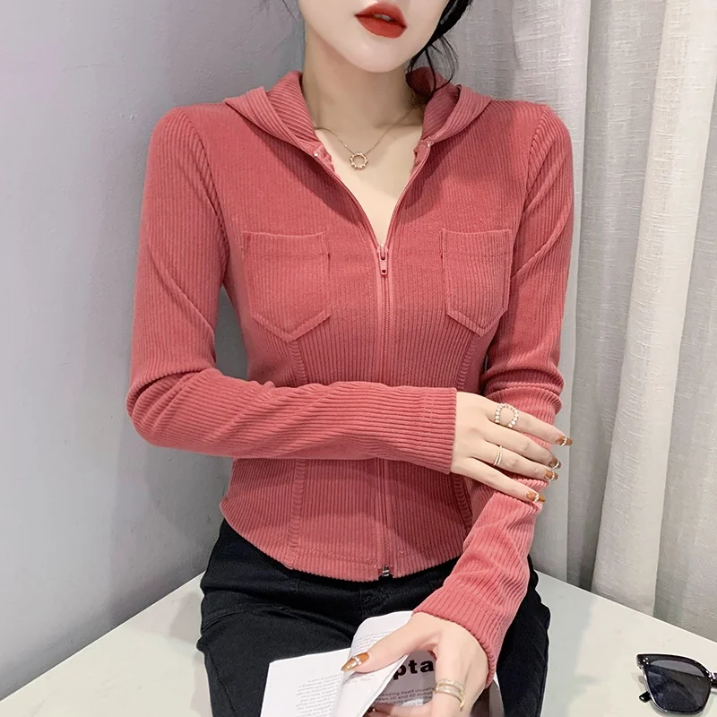 

Faionable Long Sve Hoodie Women's Slim Fit Base irt Trendy Knitted Fabric ort Length Other Material 00% Autumn Wint...