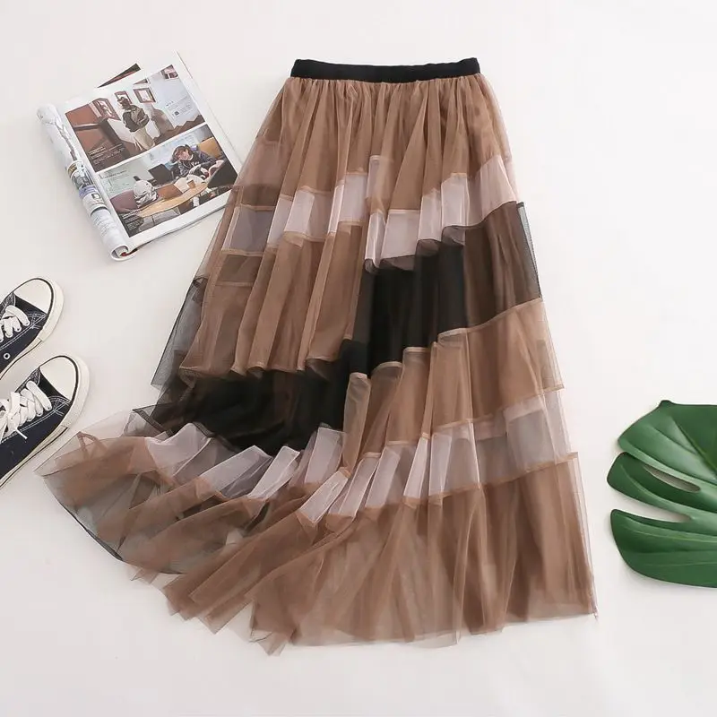 2025 neue Hohe Taille Gefaltete Midi Rock Weibliche Mode Patchwork frauen Frühling Sommer Elegante High Street Mesh Tüll Lange röcke