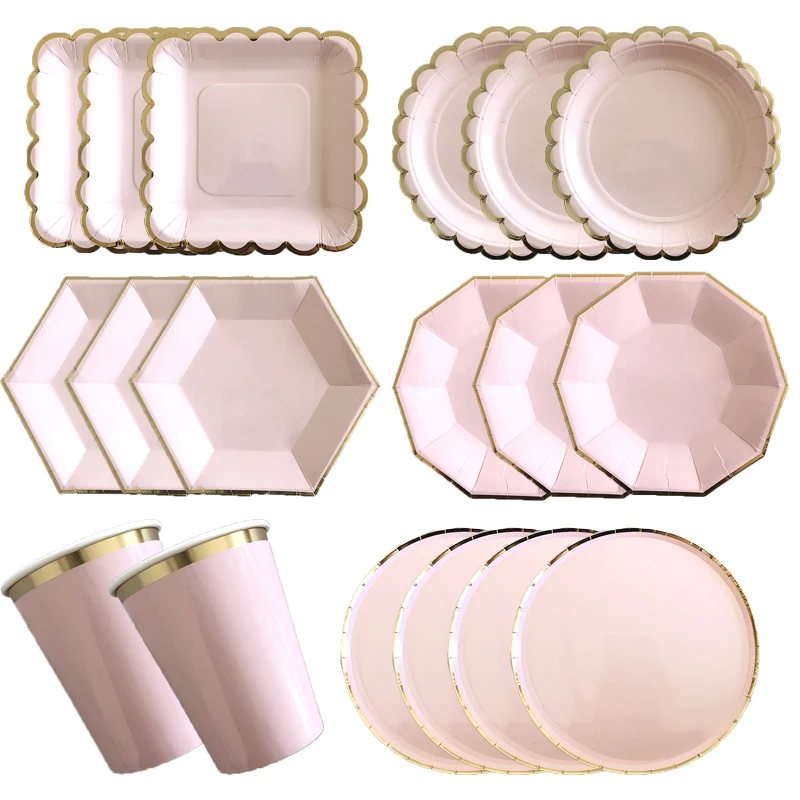 Gold Disposable Tableware Set Pink Party Paper Plates Napkins Cup Straws Birthday Party Wedding Decor Christmas Party Supplies