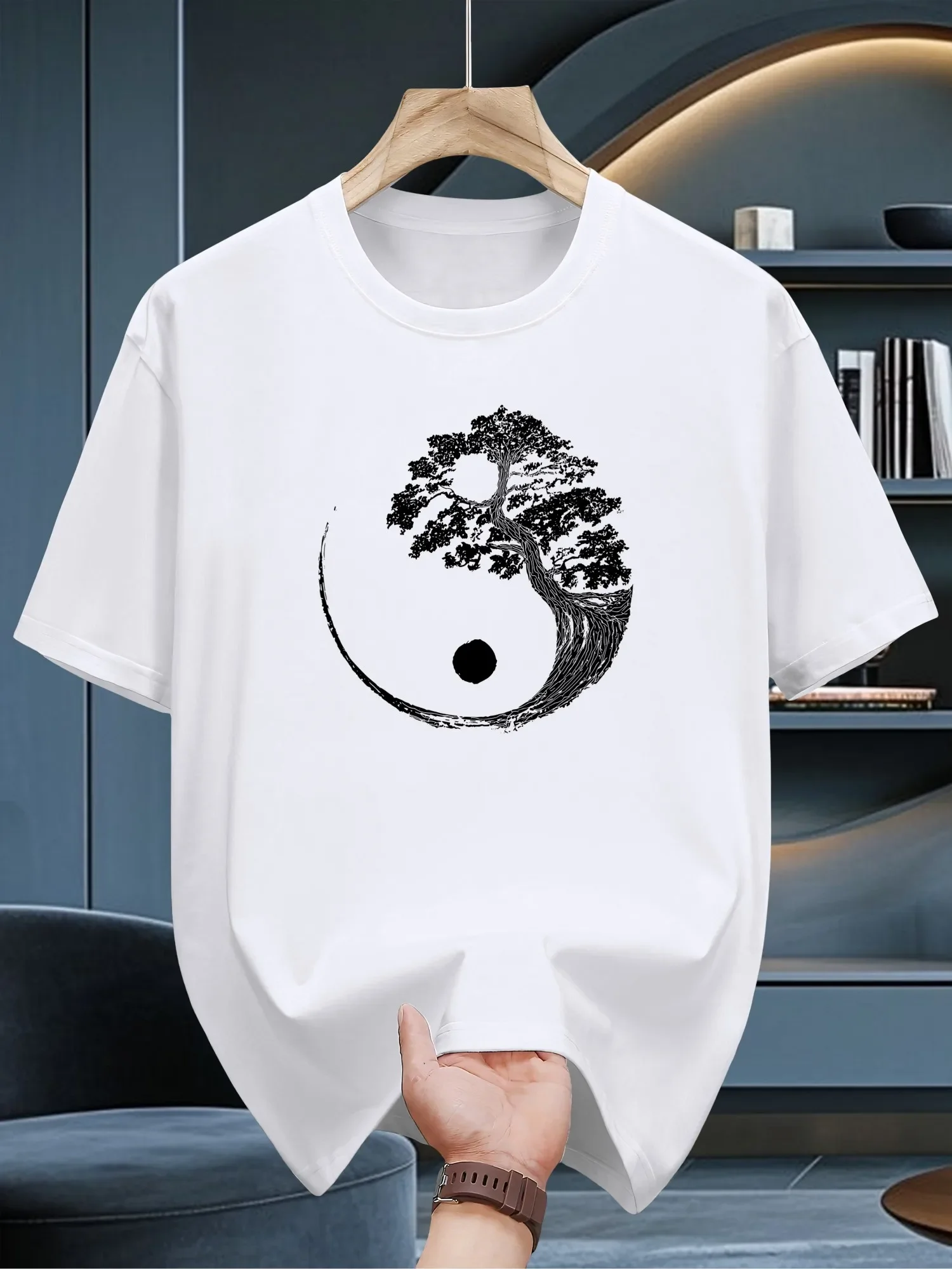 Zen Yin Yang Pine Tree Print Men's 100% Cotton T-shirt Casual O-neck Short Sleeve Tops Streetwear Tees