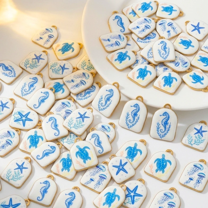 2 Stück Gold Edelstahl Emaille Meeresstern Muschel Anhänger Blaue Meerestier Charms Bastelzubehör für Frauen DIY Schmuckherstellung – Detail 4