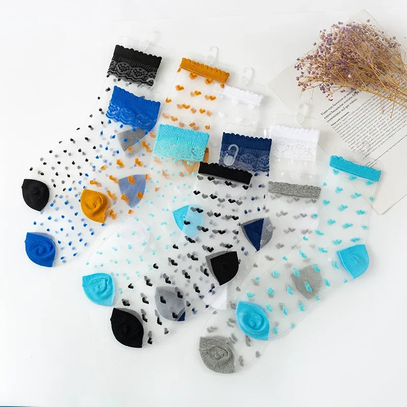 Polka Dot Crystal Silk Socks Summer Ultra-thin Transparent Lace Socks Heart Print Japanese Kawaii Girls Cute Frilly Women Socks