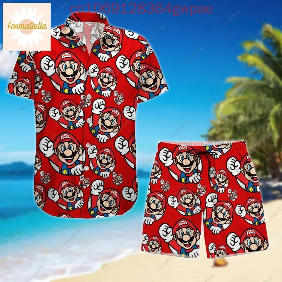 Super Mario Hawaiian Shirt Shorts Set Summer Men's Women's Casual Vacation Short Sleeve Beach Shirt and Shorts Two-Piece Set