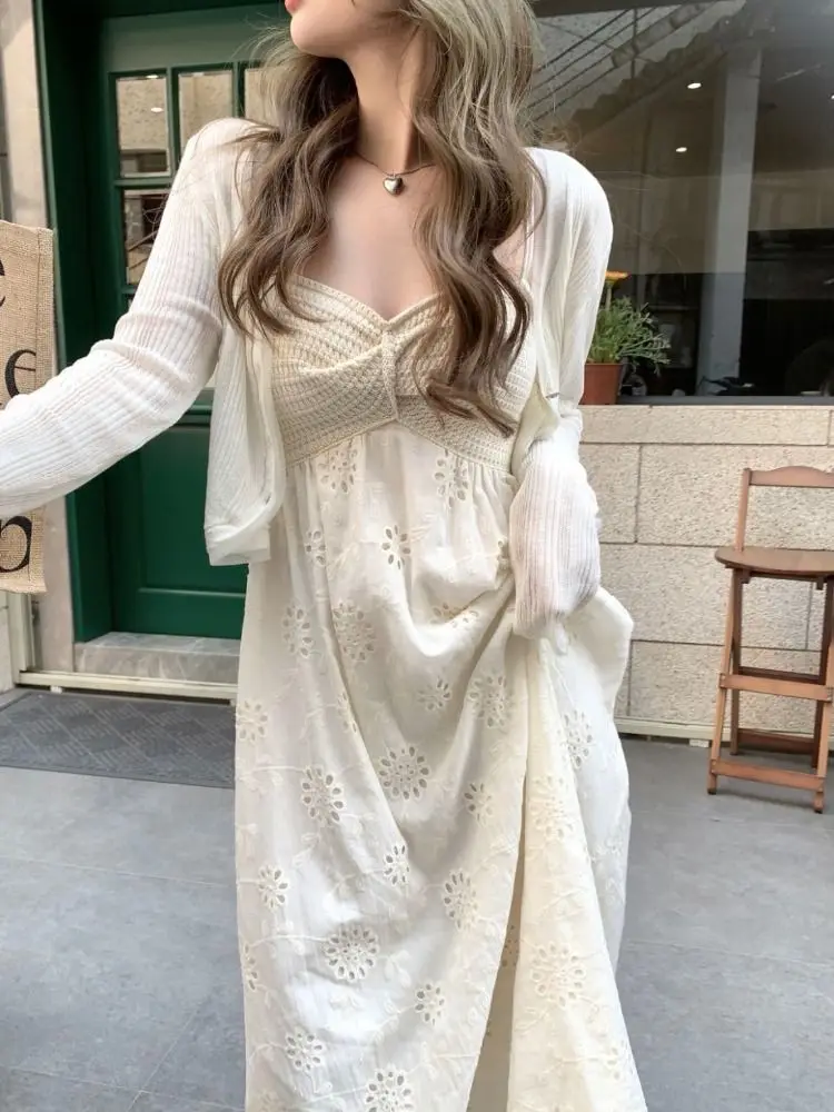 

New Summer French Pure Style High-end Simple Strap Sling Dress and Sun Protection Knit Cardigan Top Women's Two Peice Sets