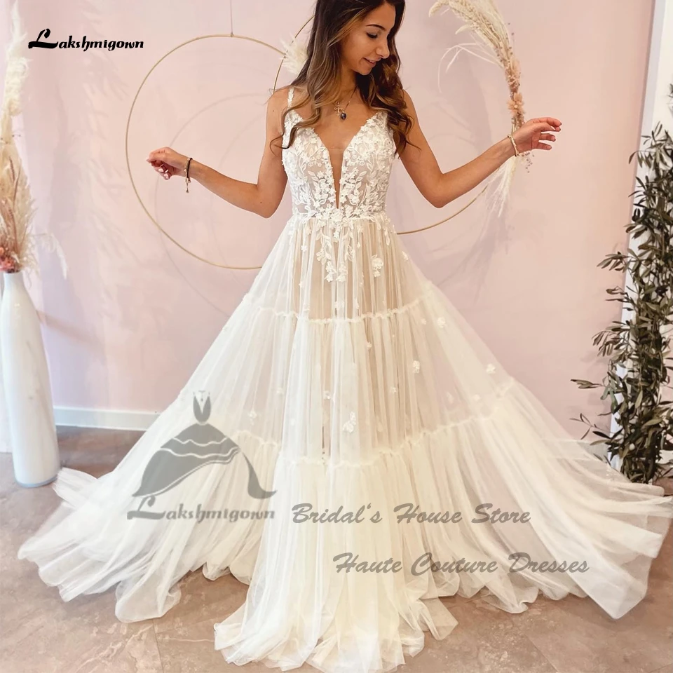 Lakshmigown clássico nupcial boho vestido de casamento praia 2022 vestido sposa babados tule sexy a linha vestidos de casamento v pescoço