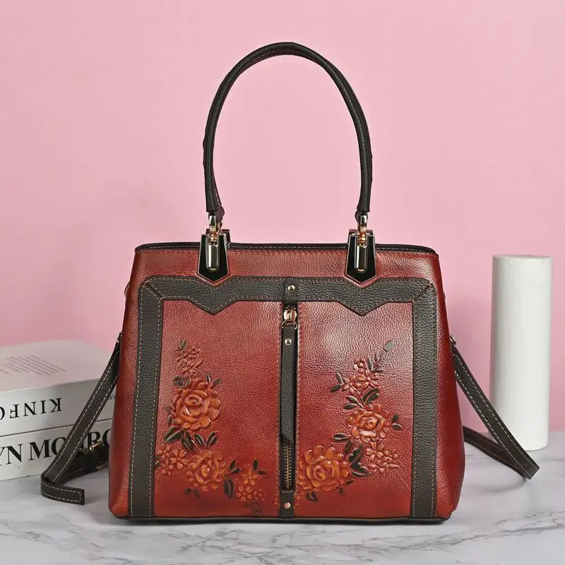 2026 New Vintage Floral Women Handbag European Designer Cow Genuine Leather Shoulder Bags Female Girl Brand Luxury Crossbody Bag