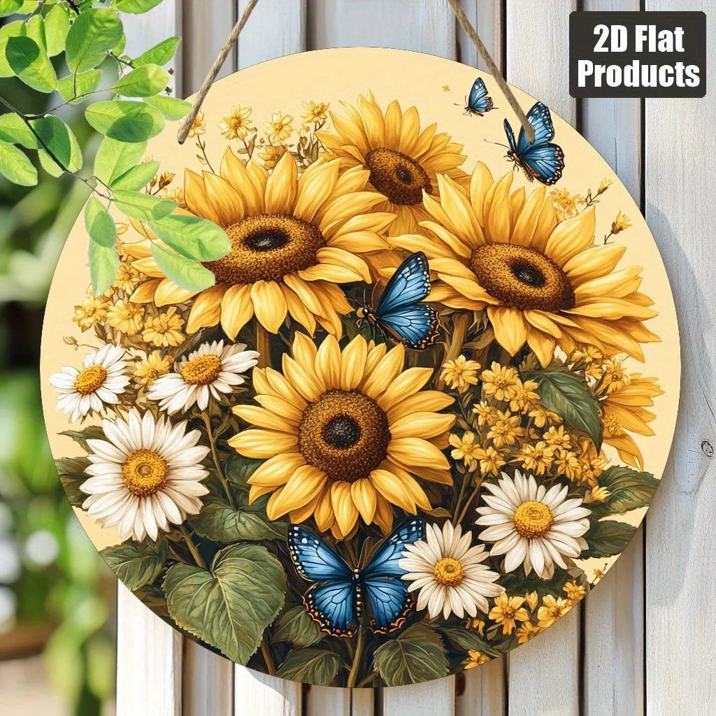 Ein flaches 2D-Stück runder Holztafel mit Sonnenblumenmotiv, geeignet für Heimparty- und Festivaldekorationen.