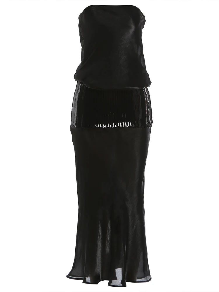 Nibber Modisches Kleid für Damen Sexy Sommer Schulterfreies Pailletten-Kleid Glänzendes Patchwork Mitternachts-Pfirsich Hüftbetonendes Sexy Clubwear Figurbetontes Maxi-Kleid – Detail 2