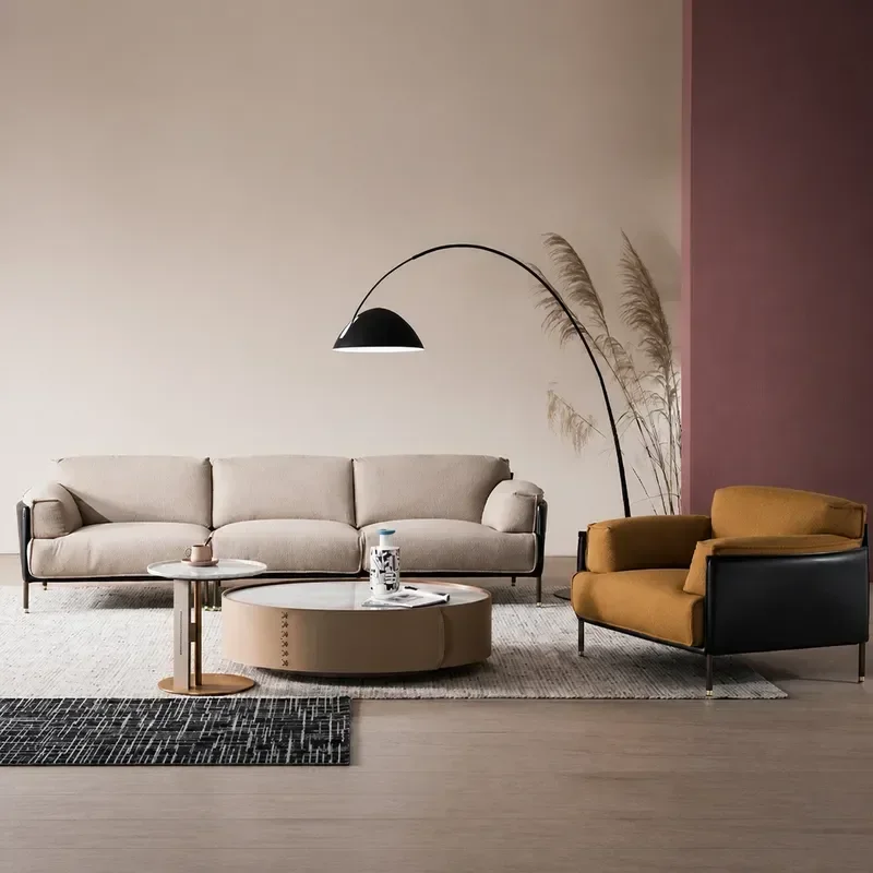 Italian Minimalist Light Luxury Fabric and Saddle Leather Down Filled Three Seater Sofa Modern Simple Living Room Furniture
