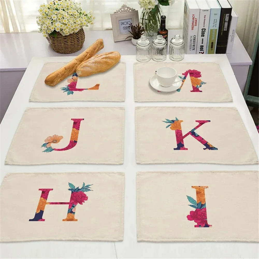 Table Placemats Linen Floral Alphabet Kitchen Dining Coaster NonSlip Heat Resistant Flower Initial Letter Bowl Cup Mug Mat