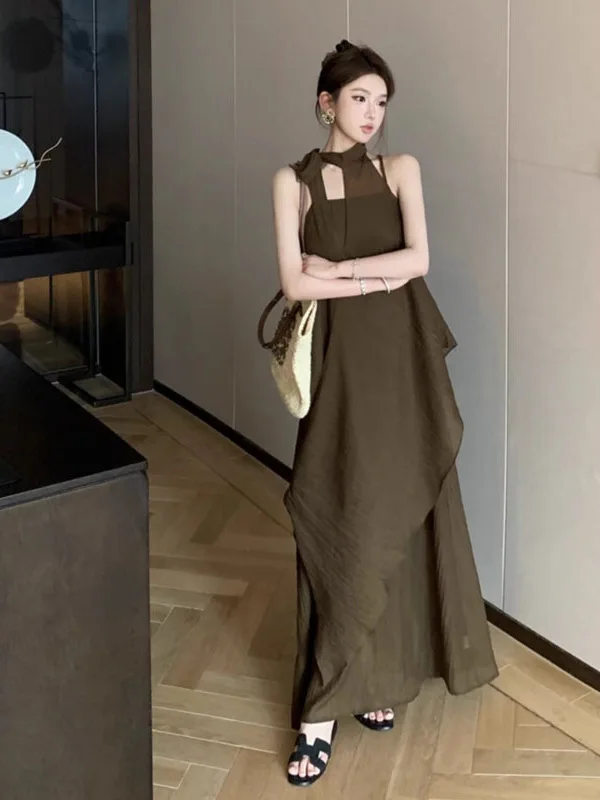 

Fashionable Women's Outfit Asymmetrical Neck Hanging Sleeveless Vest Summer 2025 Midi Skirt Two-Piece Set Elegant Style