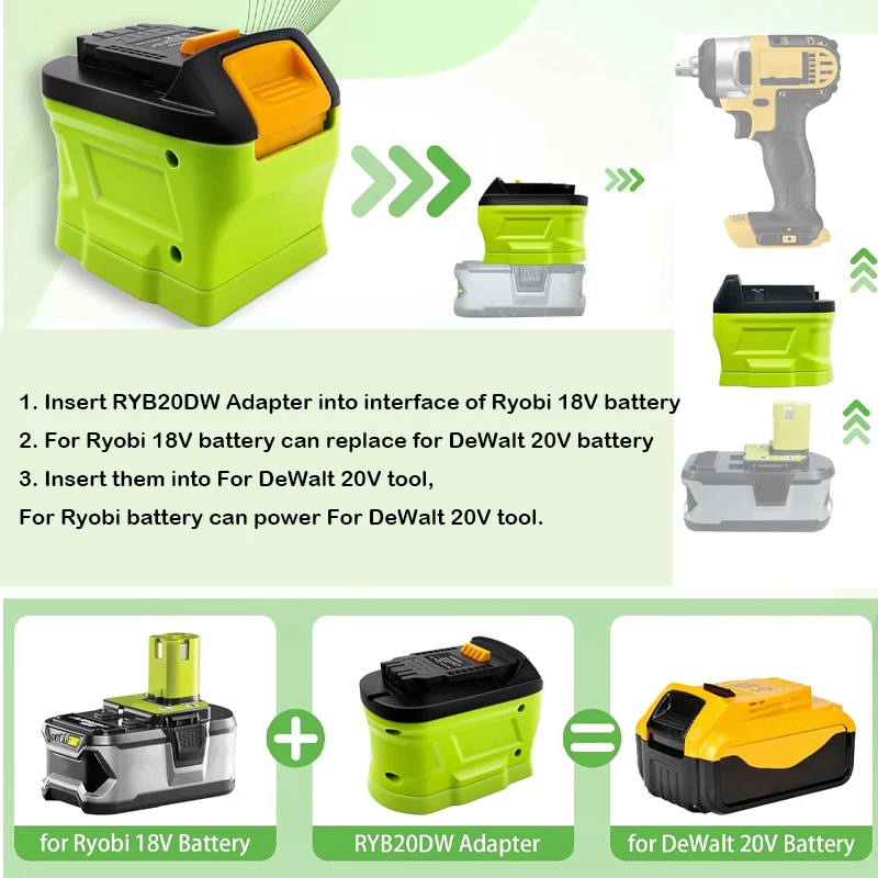 

Адаптер аккумулятора RYB20DW для Ryobi 18 в ONE +, литий-ионная батарея P107 P108, преобразователь в для Dewalt 18 в, литий-ионный аккумулятор, электроинструменты, дрель