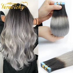 Veravicky Ombre T1B-extensiones de cabello con cinta de Color gris, 50G, 20 piezas, 100% cabello humano Remy Real, enraizado negro a gris, 14 a 24 pulgadas