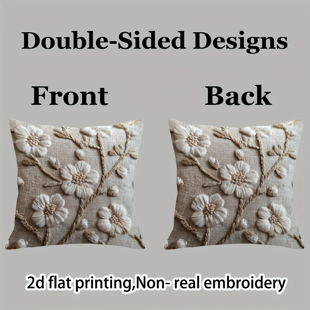 2PCS 2D Flat Printing Short Plush Pillowcases Double-sided Printed Beige Flowers Non Real Embroidery for Sofa Cushions