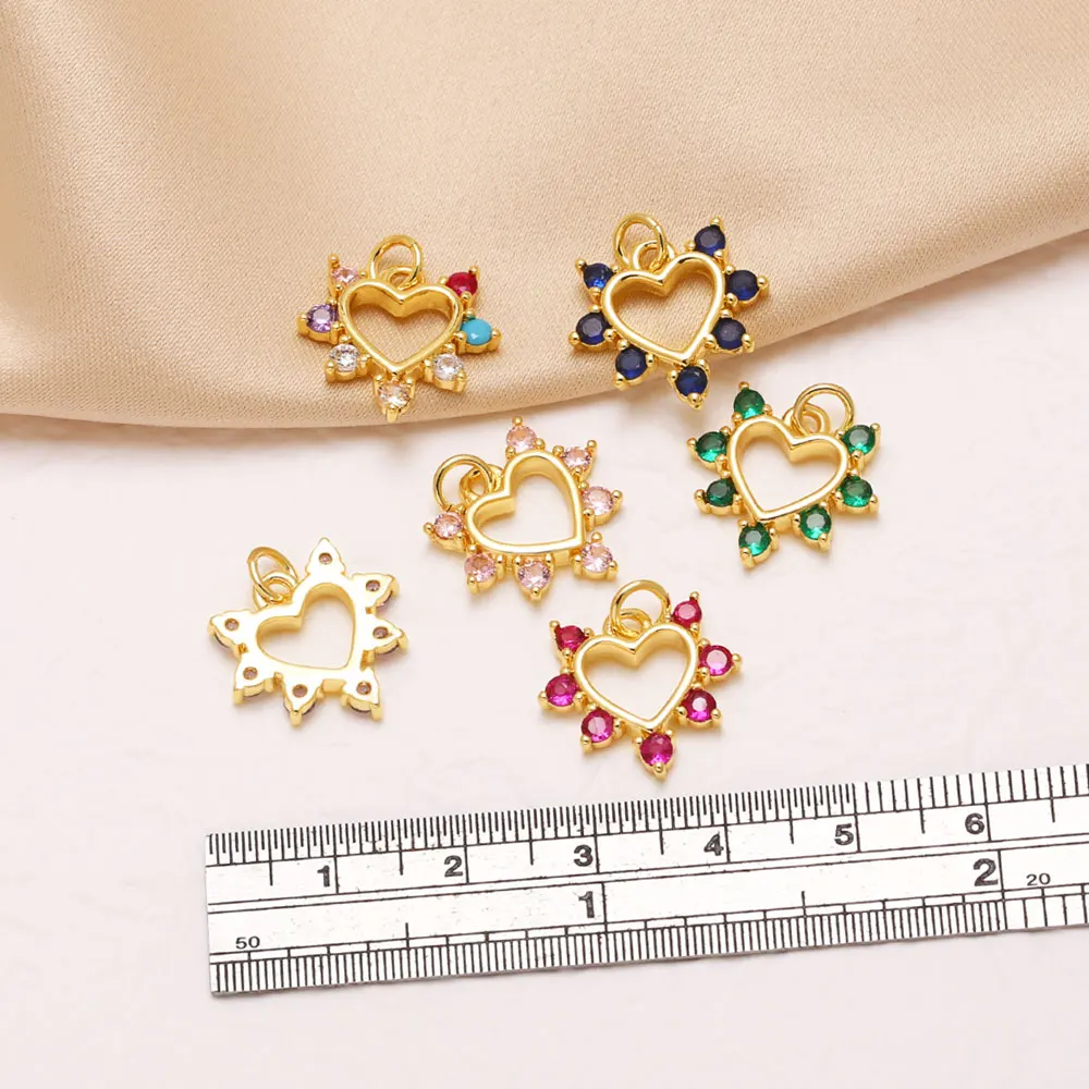 OCESRIO Gold Plated Copper Hollow Heart Pendant Colorful Cubic Zirconia Sunburst Charms for Necklace Jewelry Making chma605