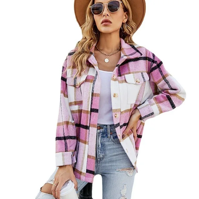 Independent Filming Of 2024 Women\'s Autumn And Winter New Plaid Jacket Casual Loose Pocket Woolen Shirt Jacket