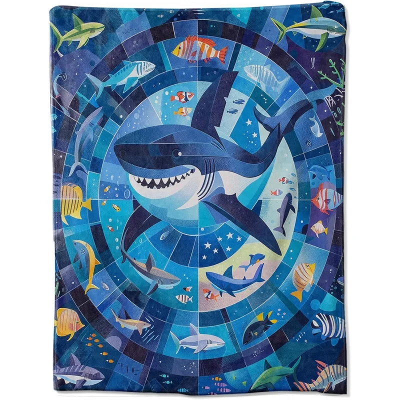 Flannel Blanket with Fun Ocean Design Featuring a Cartoon Shark and Colorful Fish in a Vibrant Underwater Scene 50x60 Inch