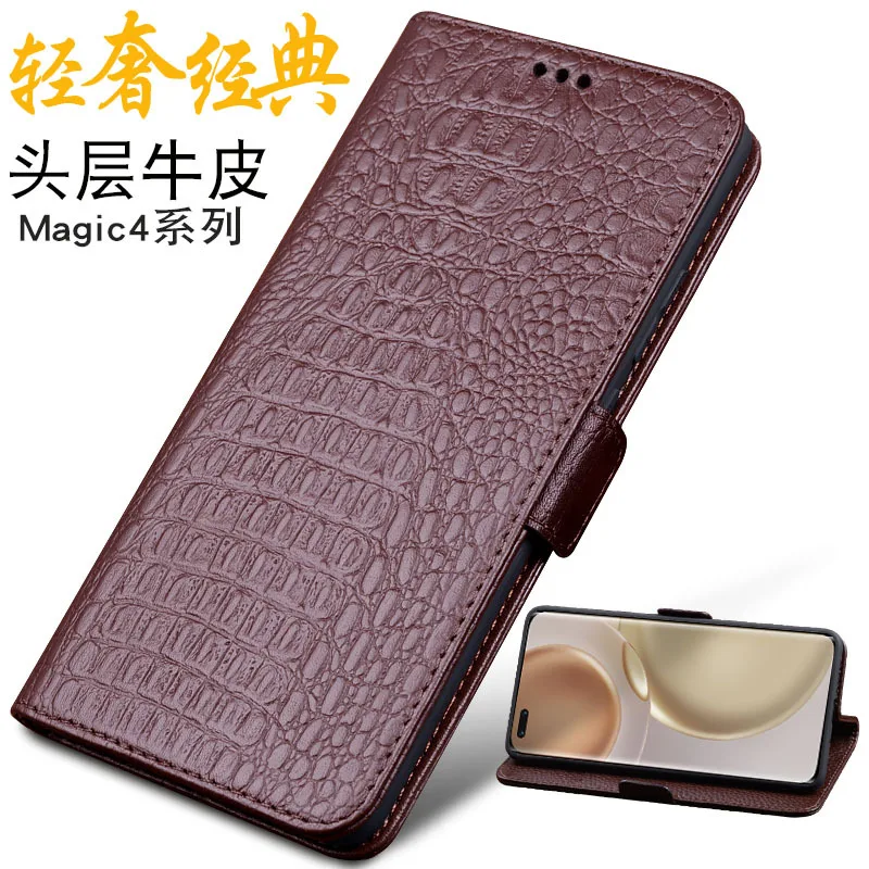 

New Luxury Lich Genuine Leather Flip Phone Case For Honor Magic 4 Magic4 Pro Real Cowhide Leather Shell Full Cover Pocket Bag