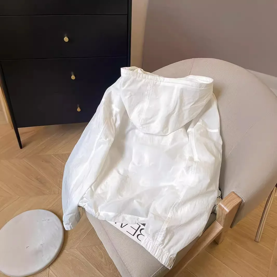 White Thin Sun Protection Clothing For Women Summer Drawstring Hooded Loose Breathable