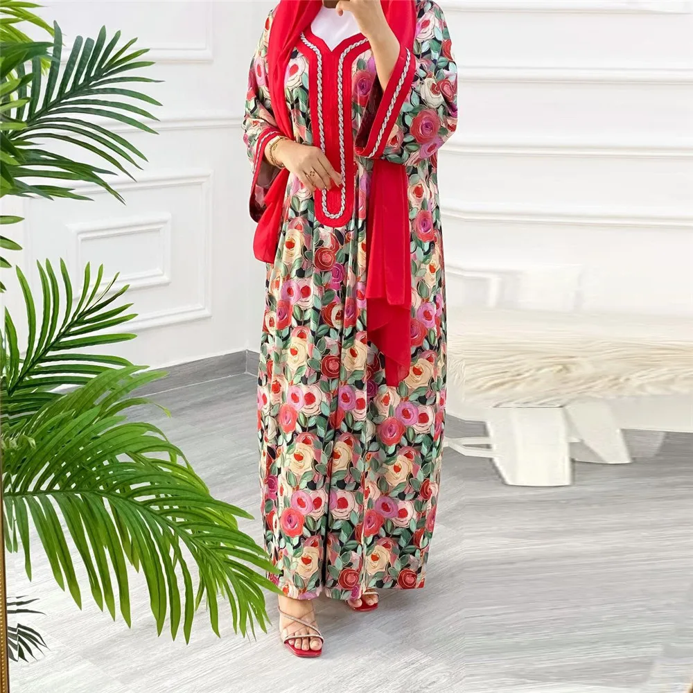 Floral Print Abaya Women Hijab Scarf Maxi Dress Muslim Turkey Dubai Kaftan Arabic Robe Islamic Morocco Party Caftan Eid Ramadan