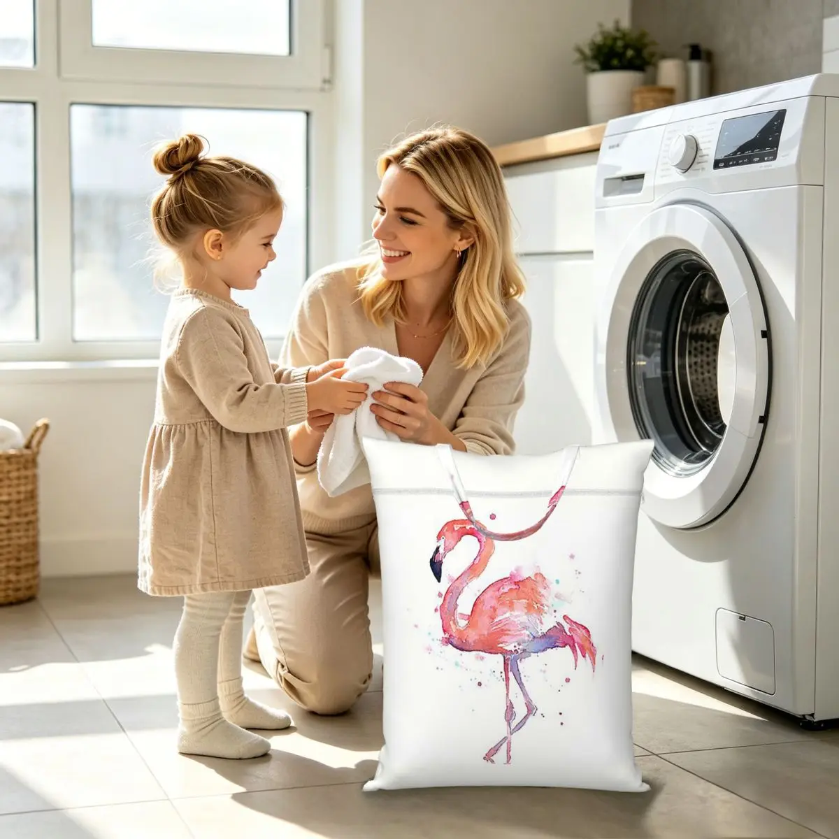 Pink Flamingo Watercolor Illustration Travel Laundry Bag Waterproof Reusable Dirty Clothes Pouch Yoga Vacation Washing Basket - view 3
