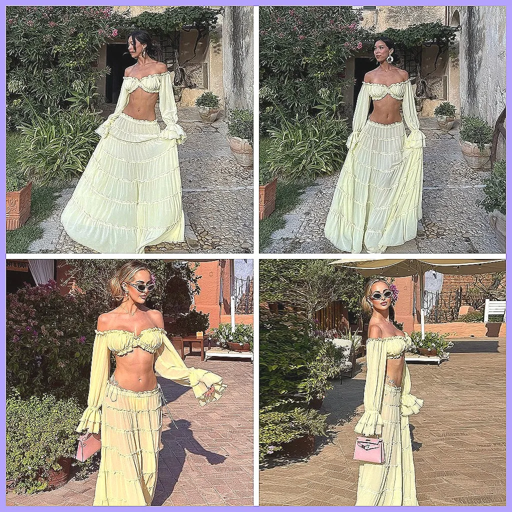 

Women's Yellow Off-Shoulder 2 Piece Set: Ruffled Chiffon Crop Top & High Waist Maxi Skirt, Summer Beach Outfit