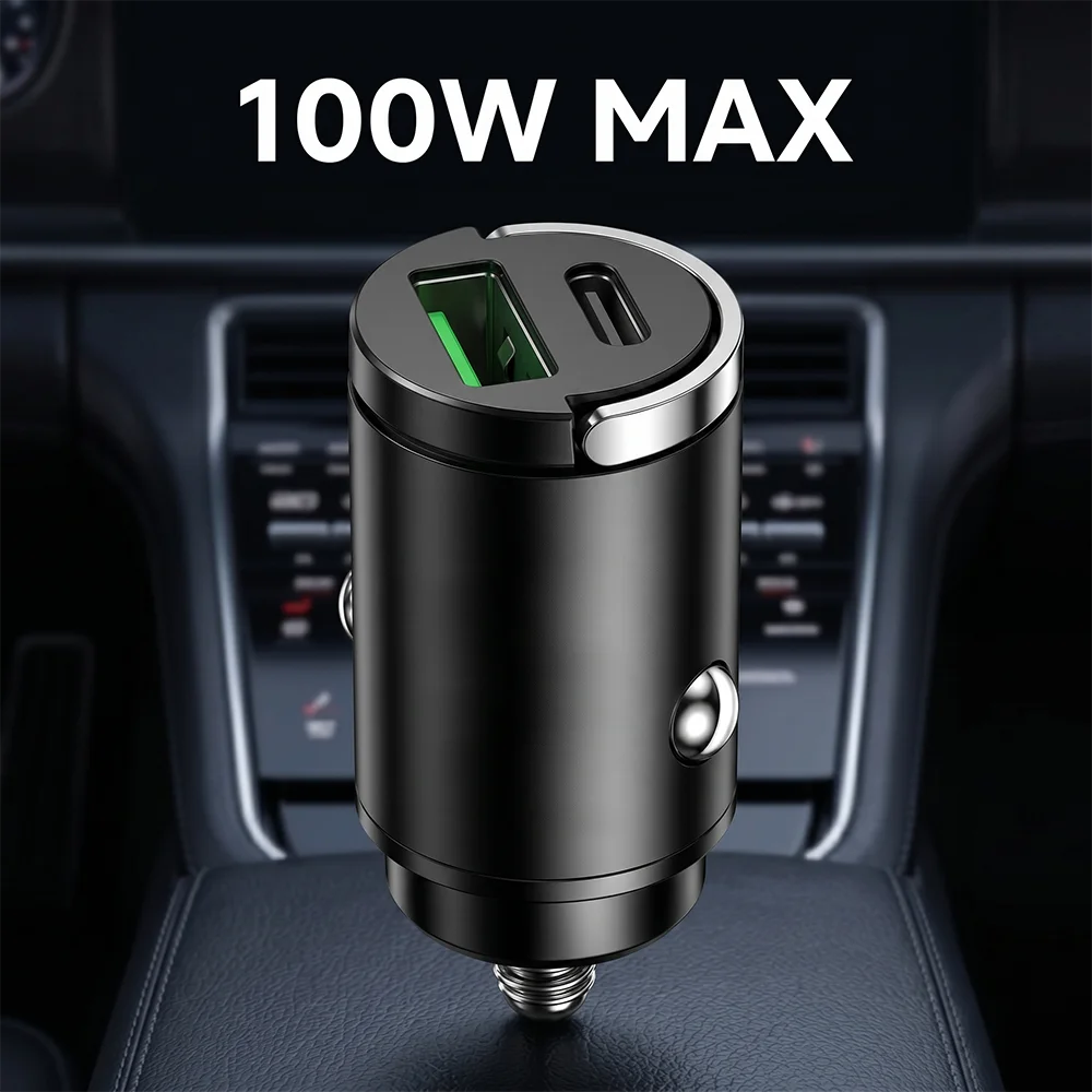 Mini cargador de coche de 100W con doble puerto USB C PD y QC, adaptador de encendedor de cigarrillos de carga rápida, diseño empotrado para teléfonos inteligentes y tabletas