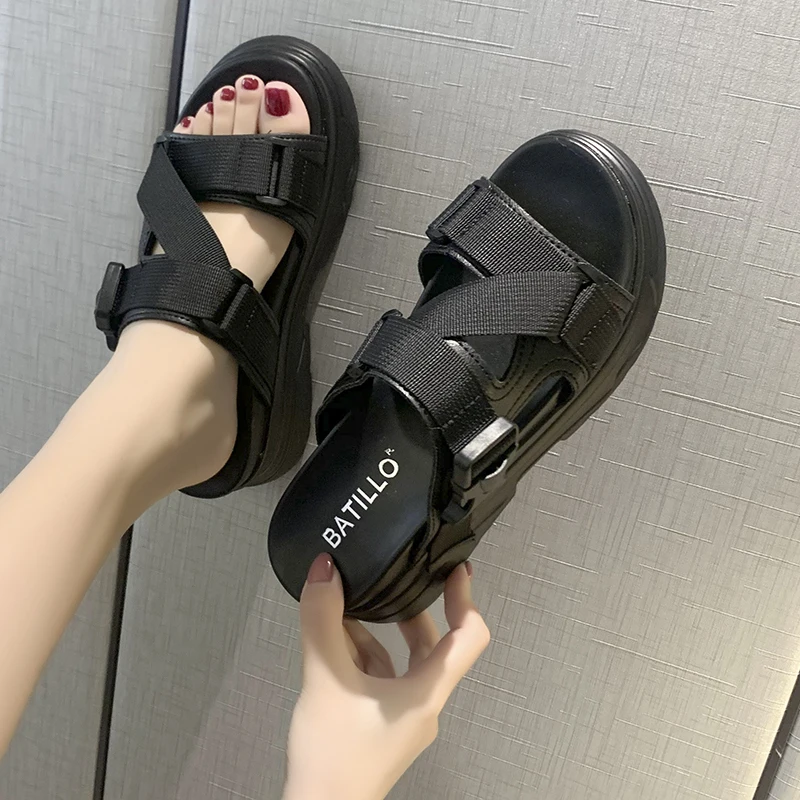 LazySeal Buckle Wedge Heels Women Slippers Solid Color Platform Sandals Women 2023 New Shoes New Modern Ladies Shoes zapatos 43