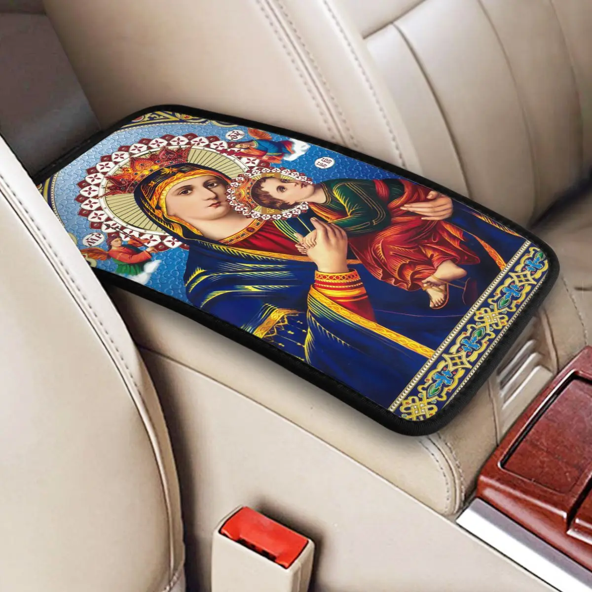 Car Armrest Cover Mat Leather Virgin Mary Christian Center Console Cover Pad Car Interior Cushion Automobiles Armrest Pad