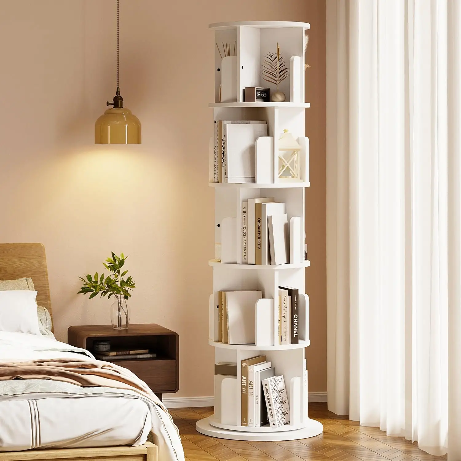 

Rotating Bookshelf, 360 Display 5 Tier, Small Corner Bookshelf for Small Space, Floor Standing Bookcase Storage Rack