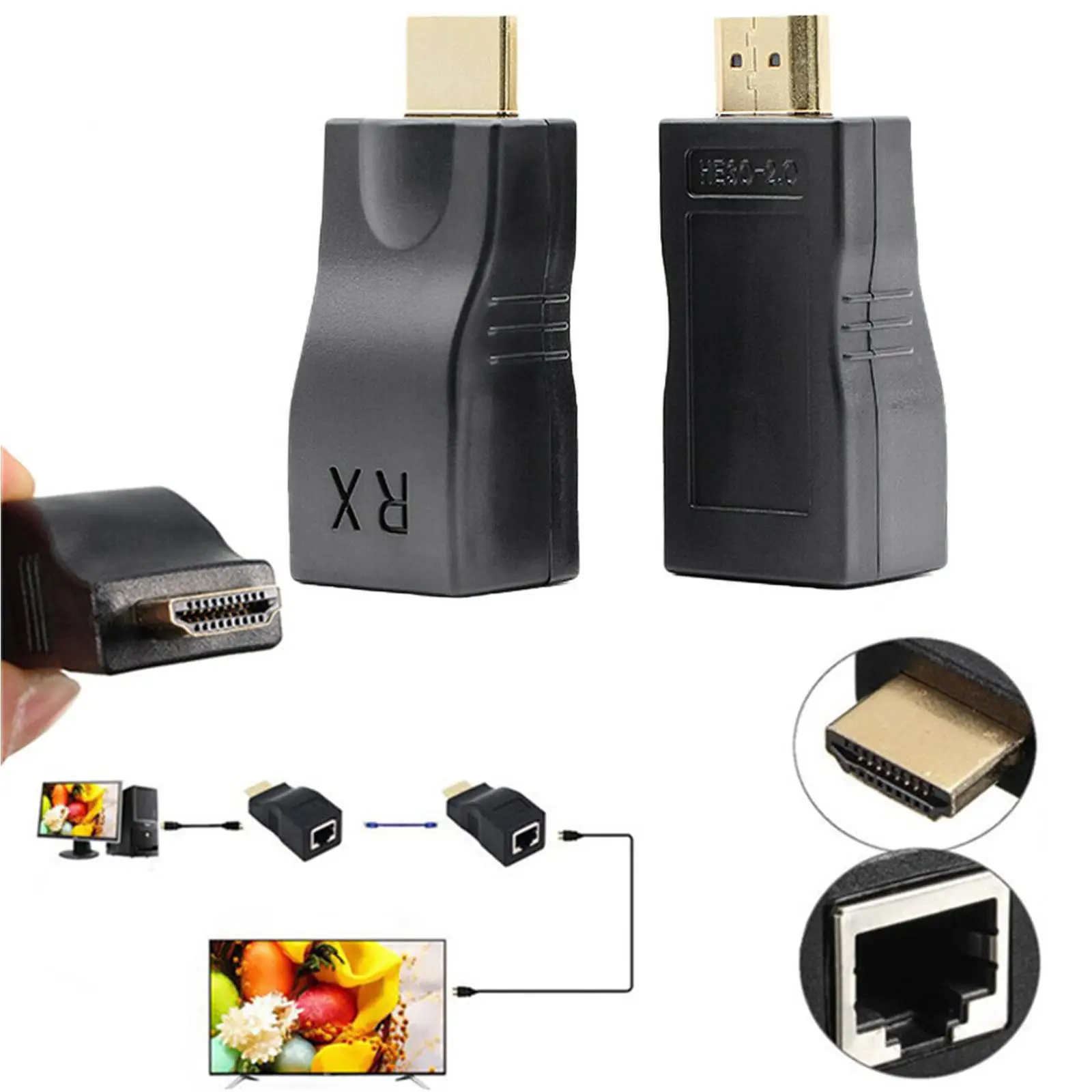 2pcs/set HDMI To RJ45 Ethernet Adapter 4K HDMI 1080P Signal Extender Up To 2.5Gbps 1080p For HDTV, STB, DVD A0M5