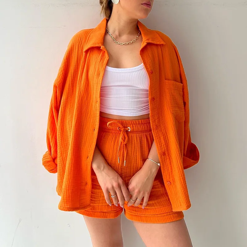 Cotton Casual Two Piece Set For Women 2023 Summer Autumn Loose Solid Conjuntos Cortos Turn Down Collar Long Sleeve Tops