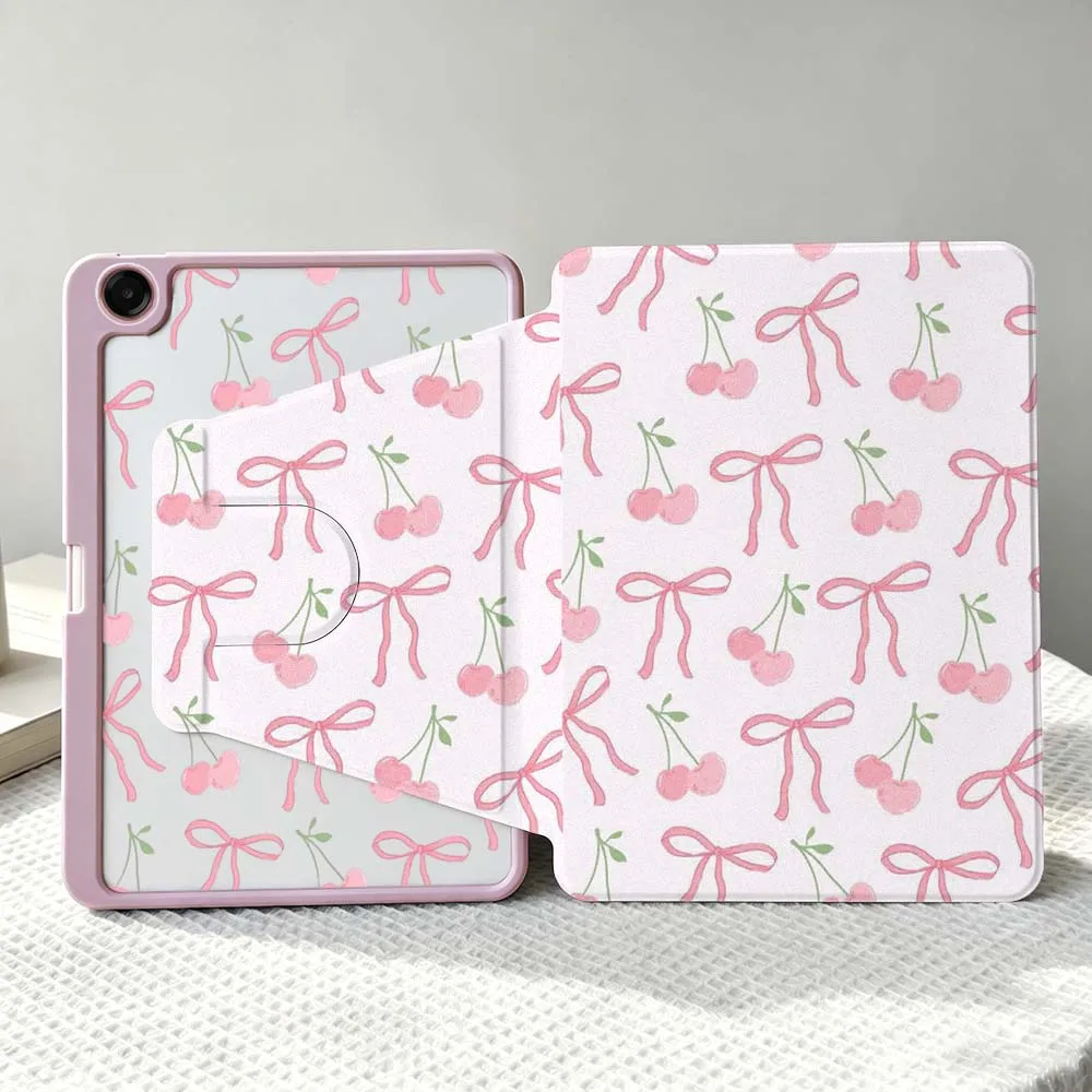 Pink Cherry Bow Pattern For Samsung Galaxy Tab S11 S10 S9 S8 A11 FE Plus Ultra 360° Rotation Stylus Storage Tablet Case Soft