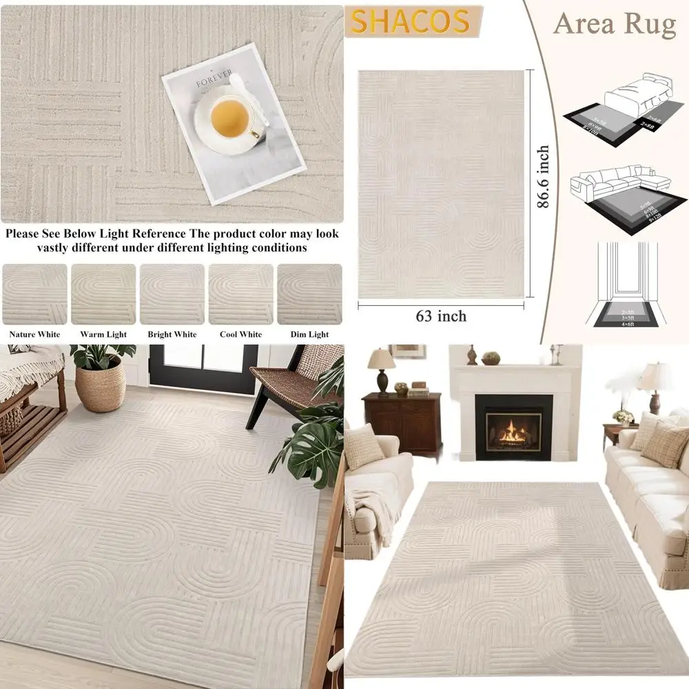 

High-Low Pile Textured Area Rug, 5'3x7'3, Non-Slip, Washable, Geometric Design, Stain-Resistant, Suitable for Living/Bedroom/Din