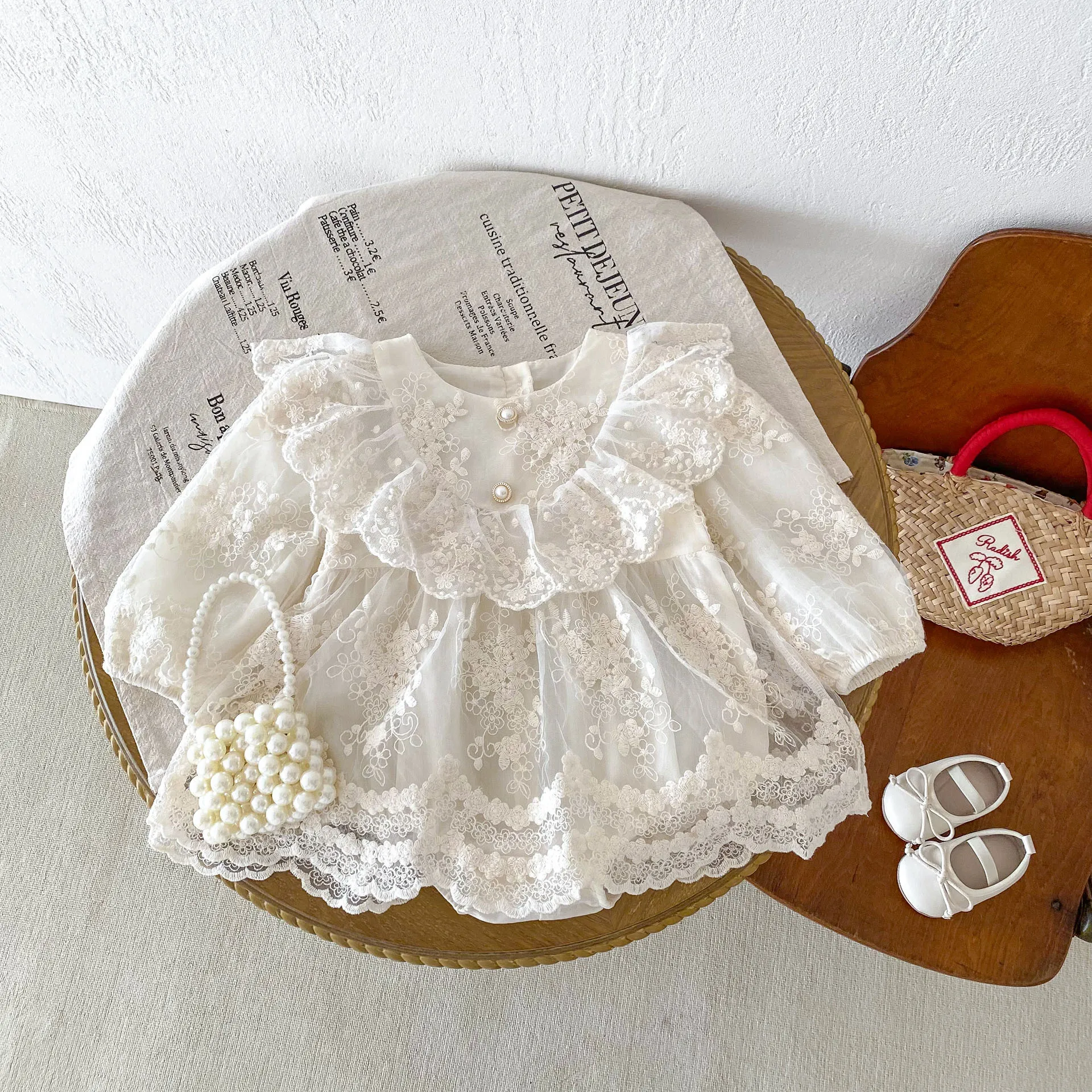 2026 Spring Summer Baby Girls Bodysuit Toddler Girl Princess Dress Infant Lace Embroiery Onesies Newborn Girls Birthday Clothing