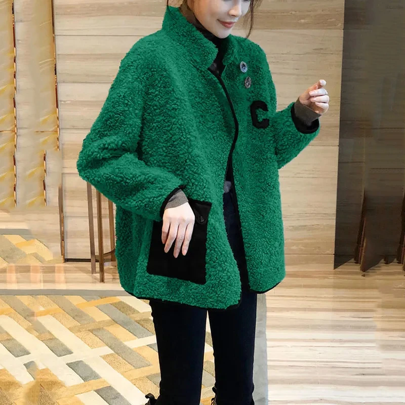 Fashion Women\'s Jackets Spring Autumn New Green Letter Imitation Lamb Wool Jacket Loose Thickening Casual Female Outerwear Top