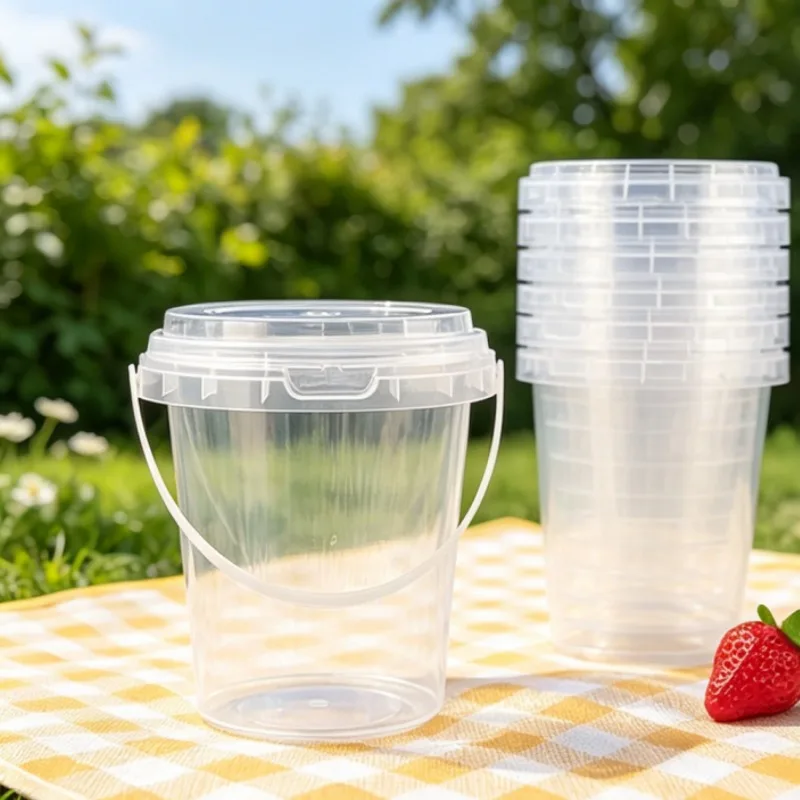 1L transparent ton bucket disposable milk tea fruit scoop king bucket, with lid and handle outdoor accompanying bucket